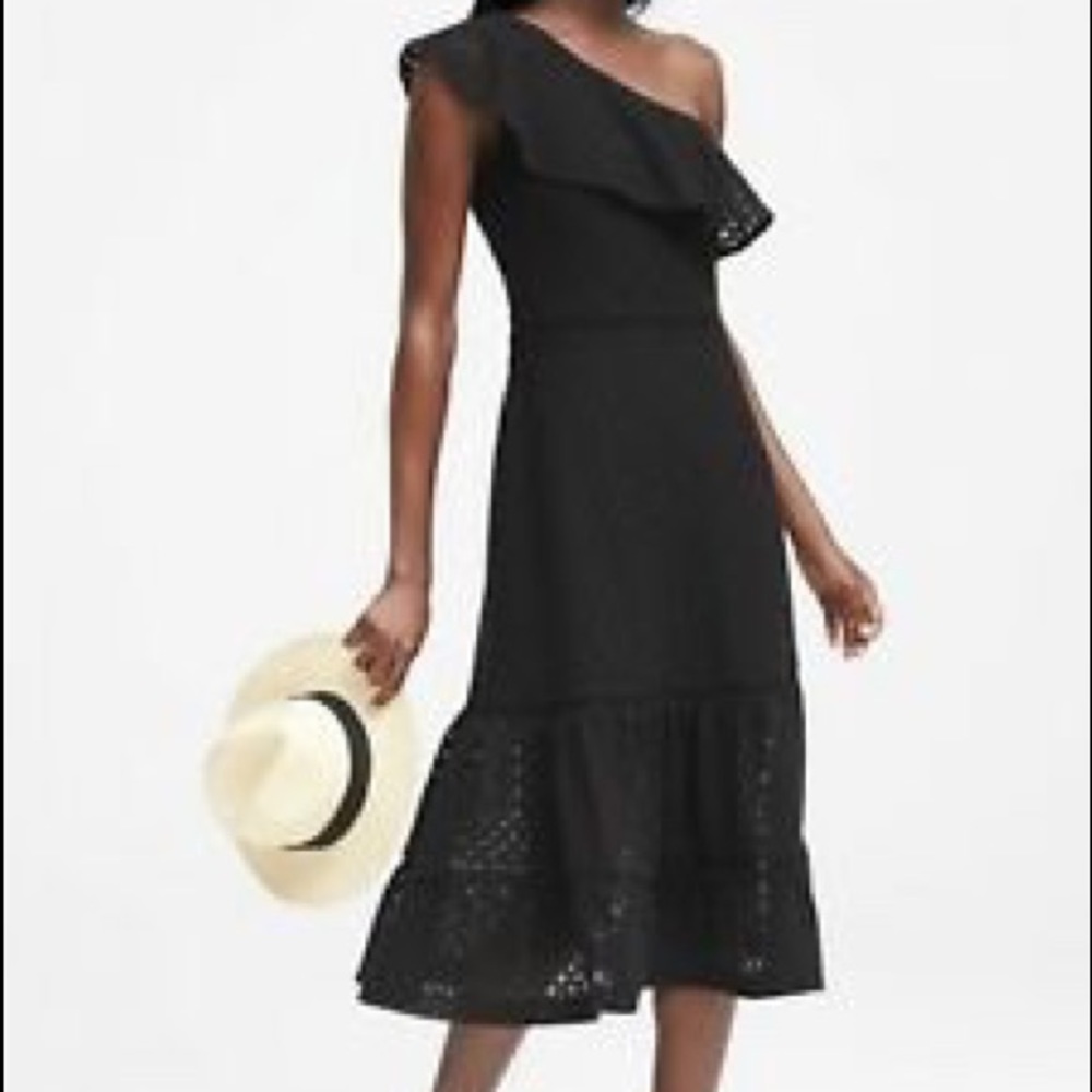 Banana Republic black one shoulder eyelet midi
